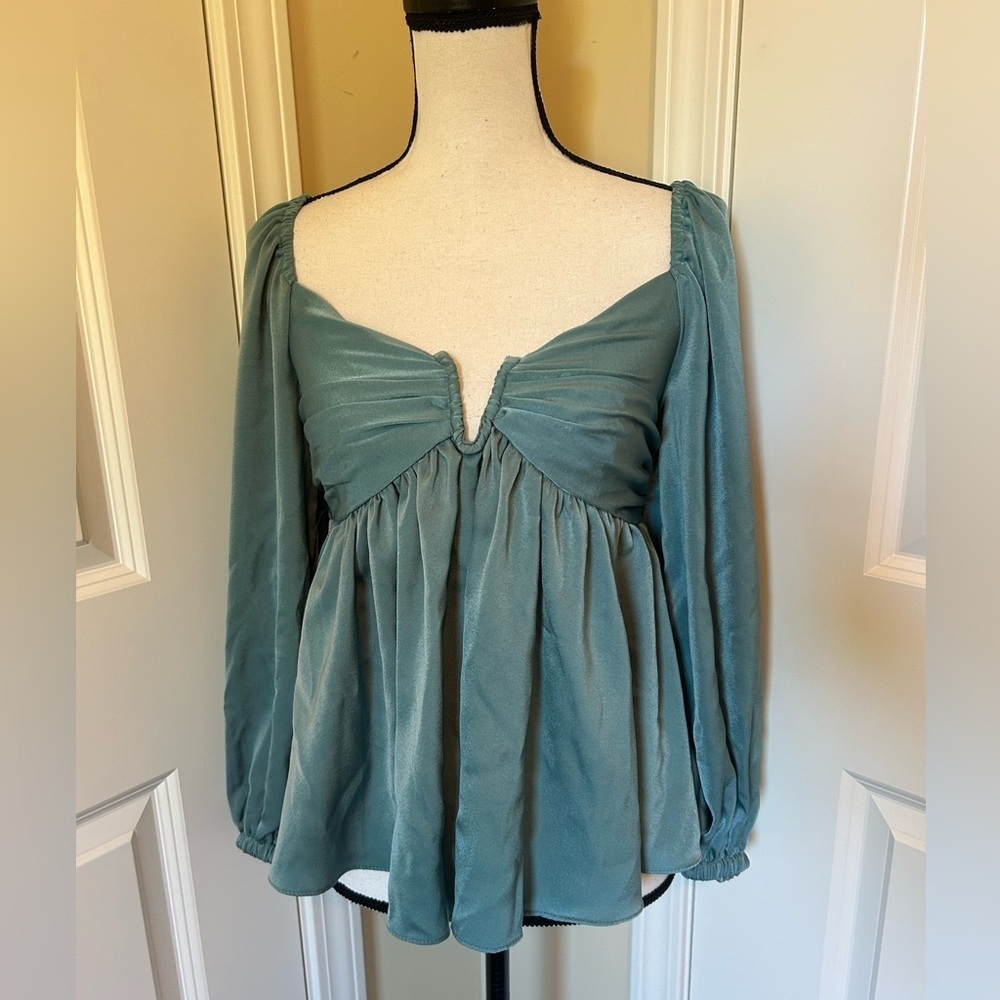 Mustard Seed Teal baby doll/peasant silky blouse with corset back